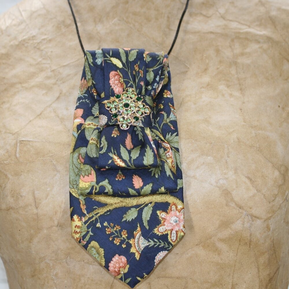 UPCYCLED Neck Tie Necklace Brooch Necktie Holiday Gift Accessory Floral Blue